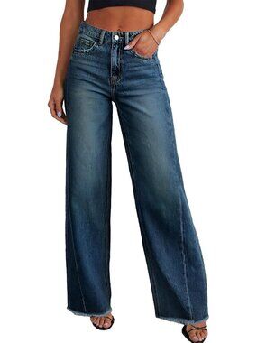 Women's Blue Cotton Blend High Waisted Stretchy Trendy Denim Wide Leg Pant